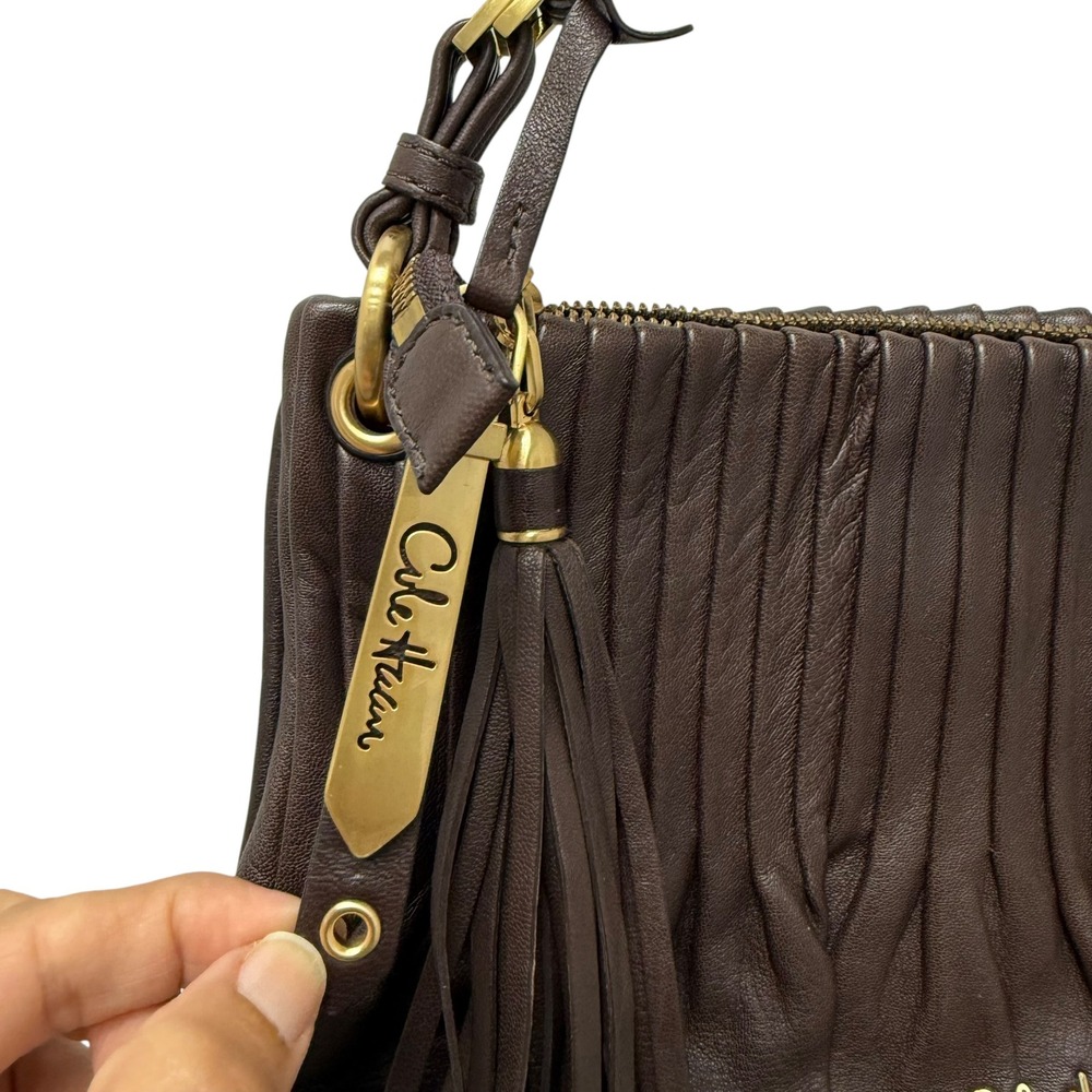 Cole Haan Brown Leather Pleated Tassel Shoulder‎ Bag Gold Hardware Hobo Handbag - Picture 3 of 11
